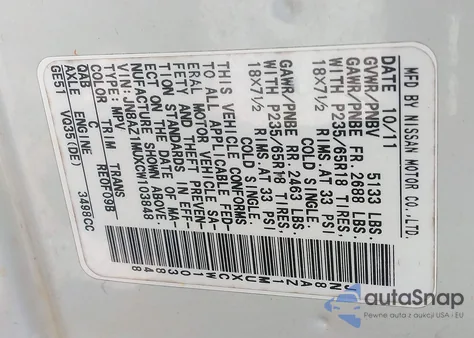 2012 Nissan Murano Sl from USA, damaged, VIN JN8AZ1MUXCW103848
